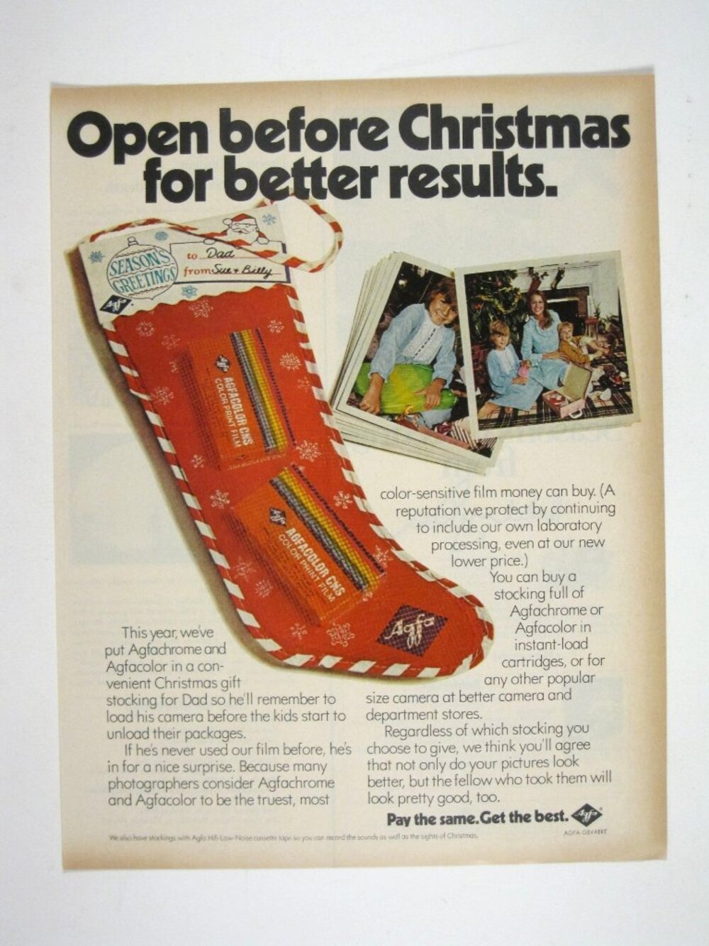 Open Before Christmas Better Results Agfa Film Stocking Print Ad 1970s AD Xmas